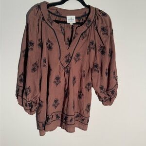 Umgee Brown Boho Floral Tunic with Black Print